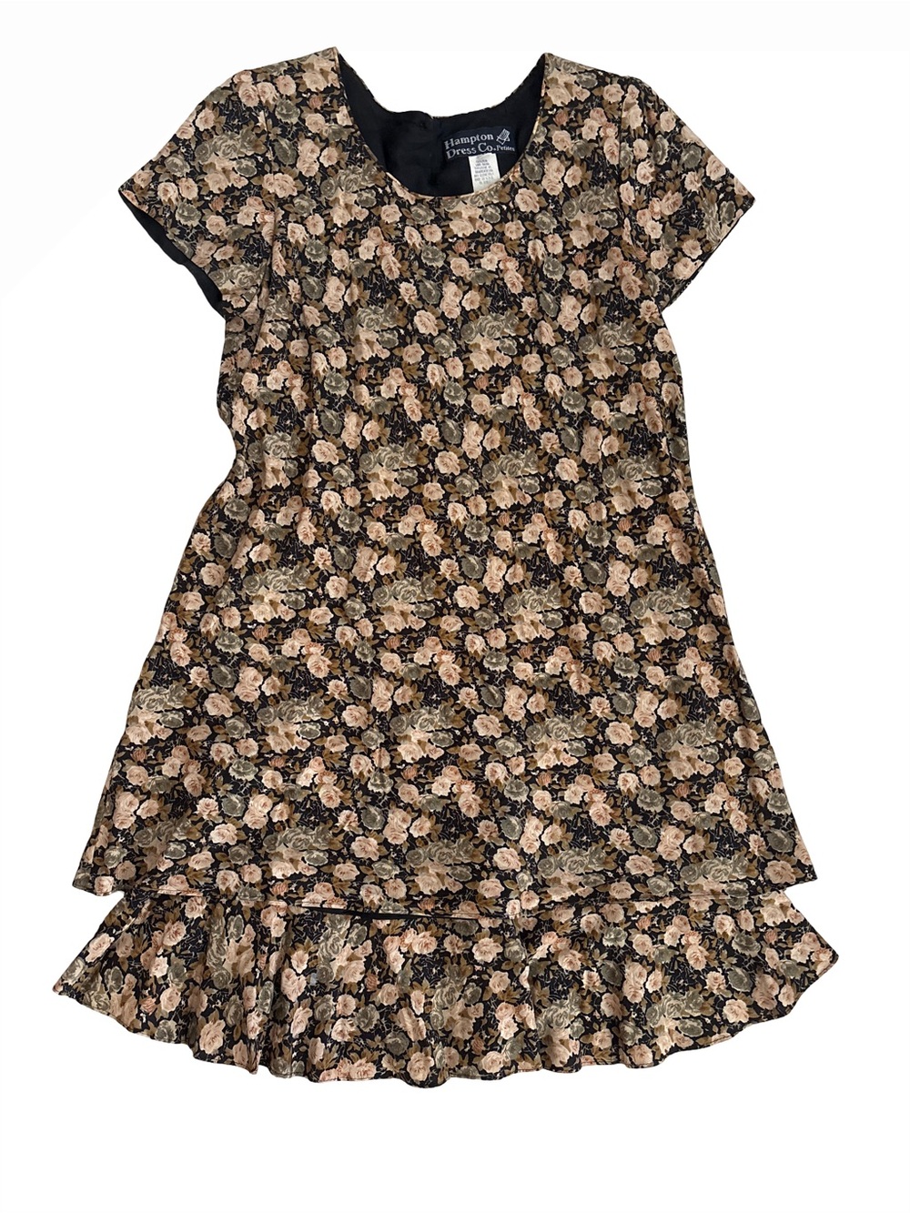 Black Floral Casual Dress with Beige Roses by